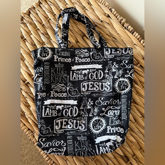 Handbags - Black Scripture Print Tote Bag - Jesus Lamb of God Design